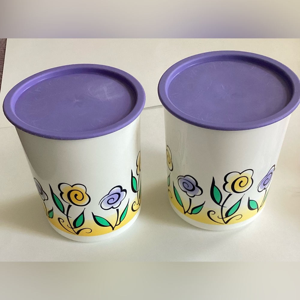 Tupperware White Floral Canisters with Purple Lids